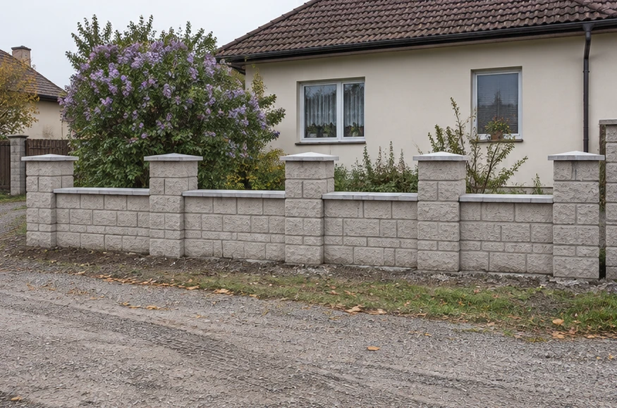 Забор из бетонных блоков. Готовое ограждение. Невысокий блочный забор перед частным домом. Визуализация.